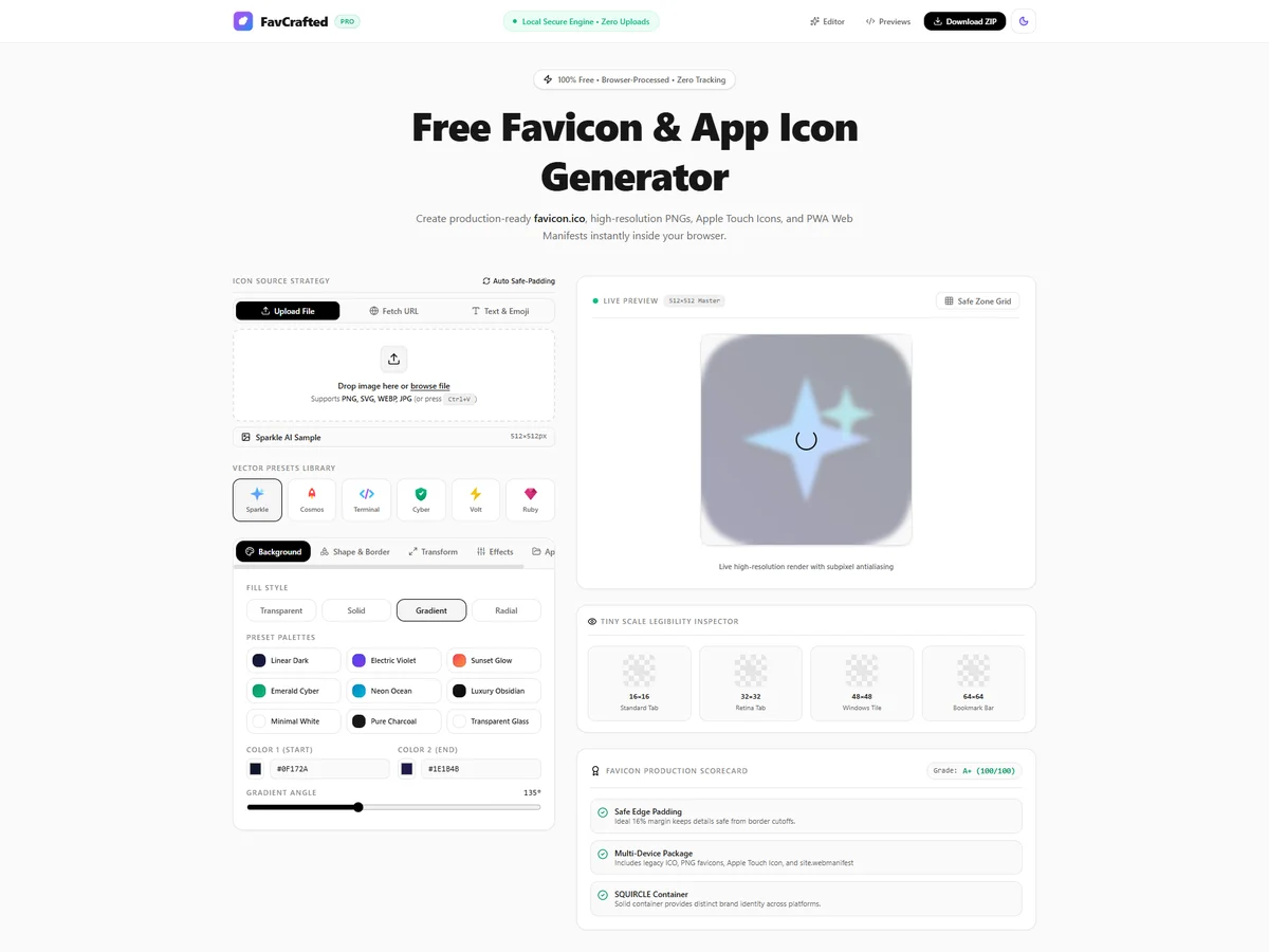 Screenshot of the FavCrafted free favicon and app icon generator landing page