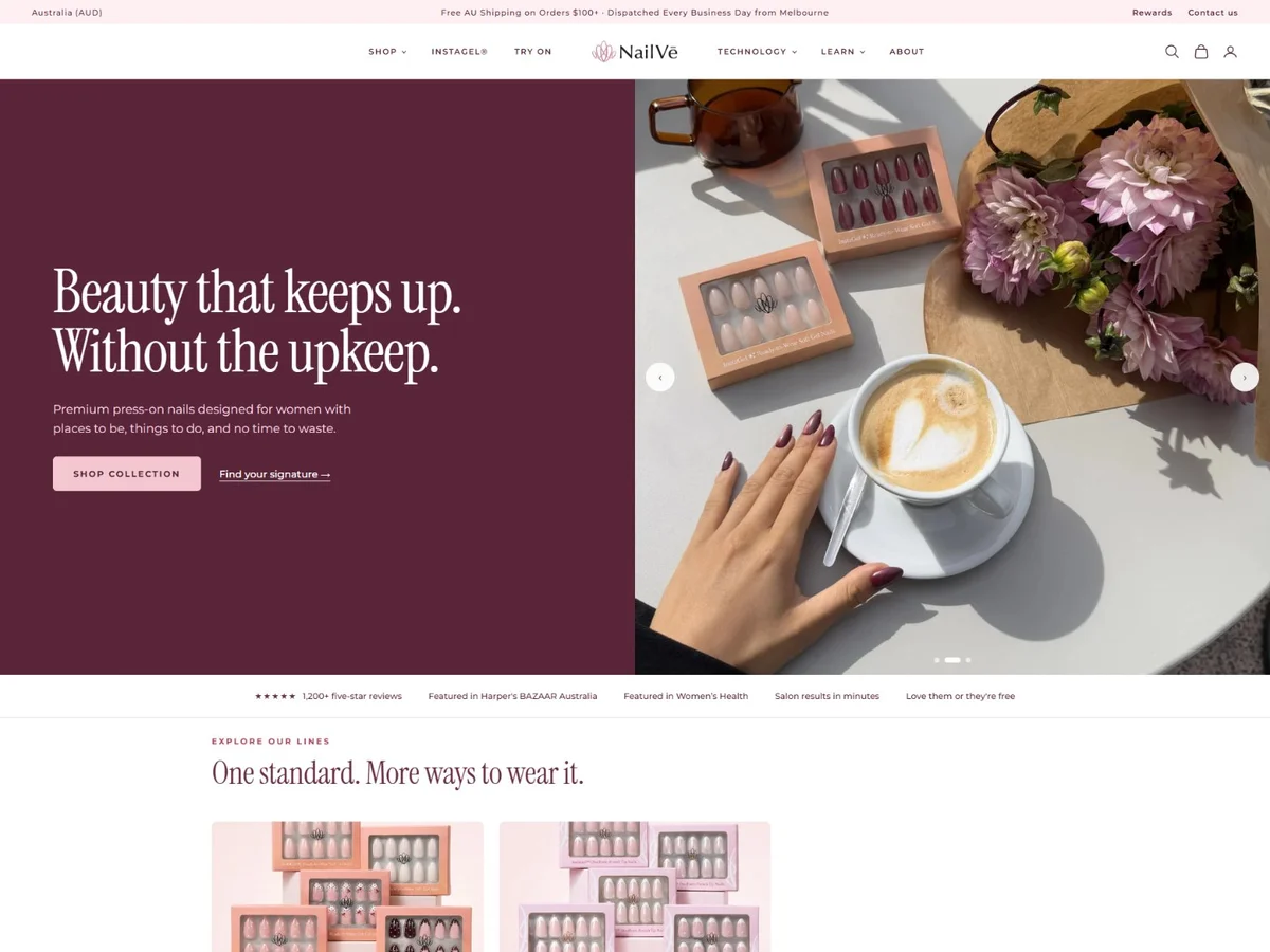 Screenshot of the NailVē premium press-on nails online store homepage