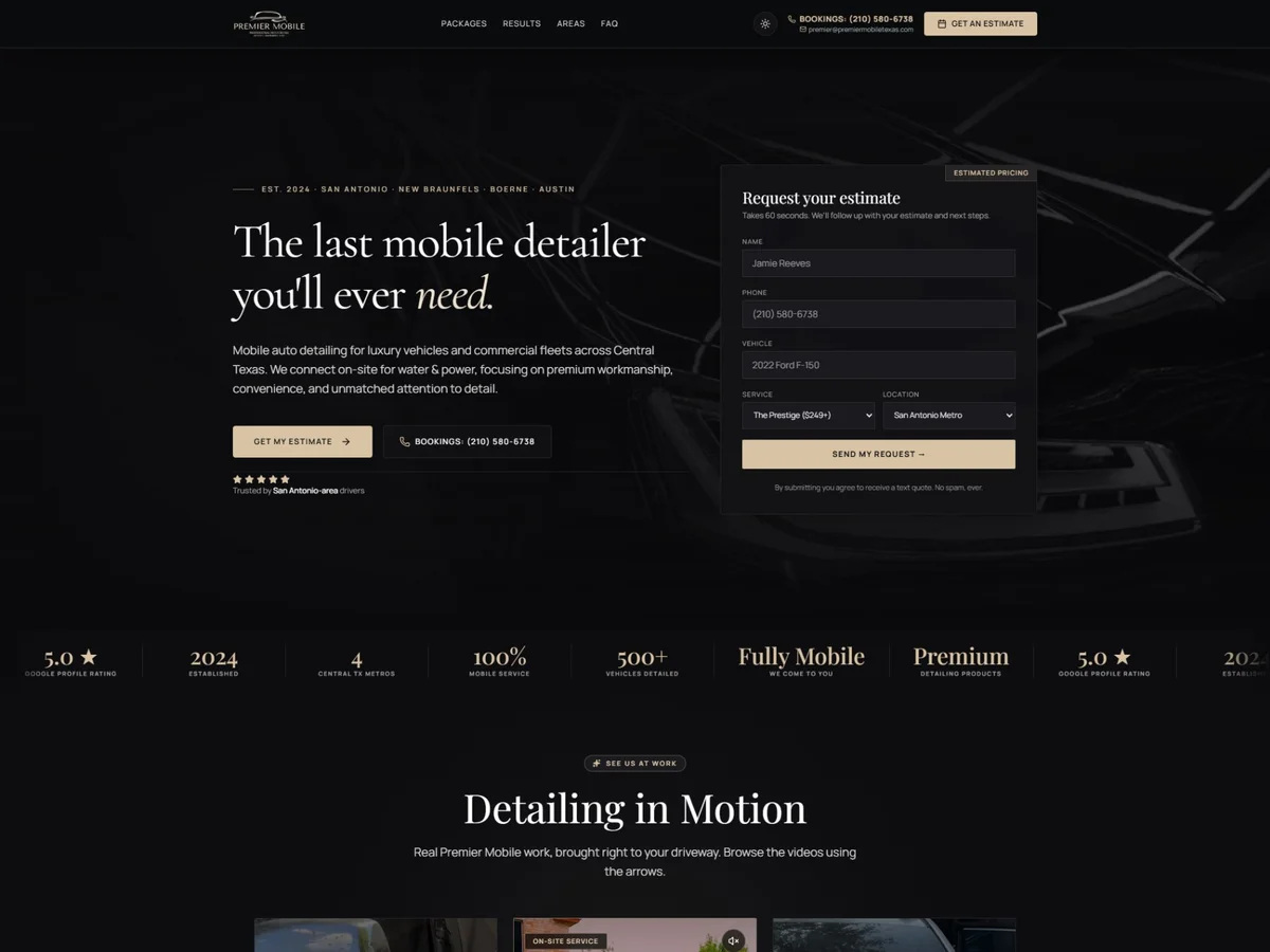 Screenshot of the Premier Mobile Auto Detail landing page with an estimate request form